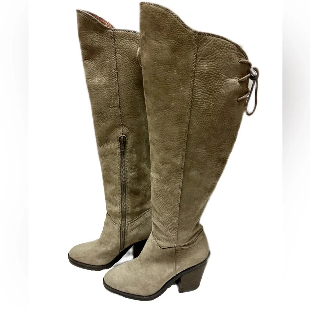 Lucky Brand Womens Size 5 Knee High Light Taupe Nubuck Leather Lace Up Boots